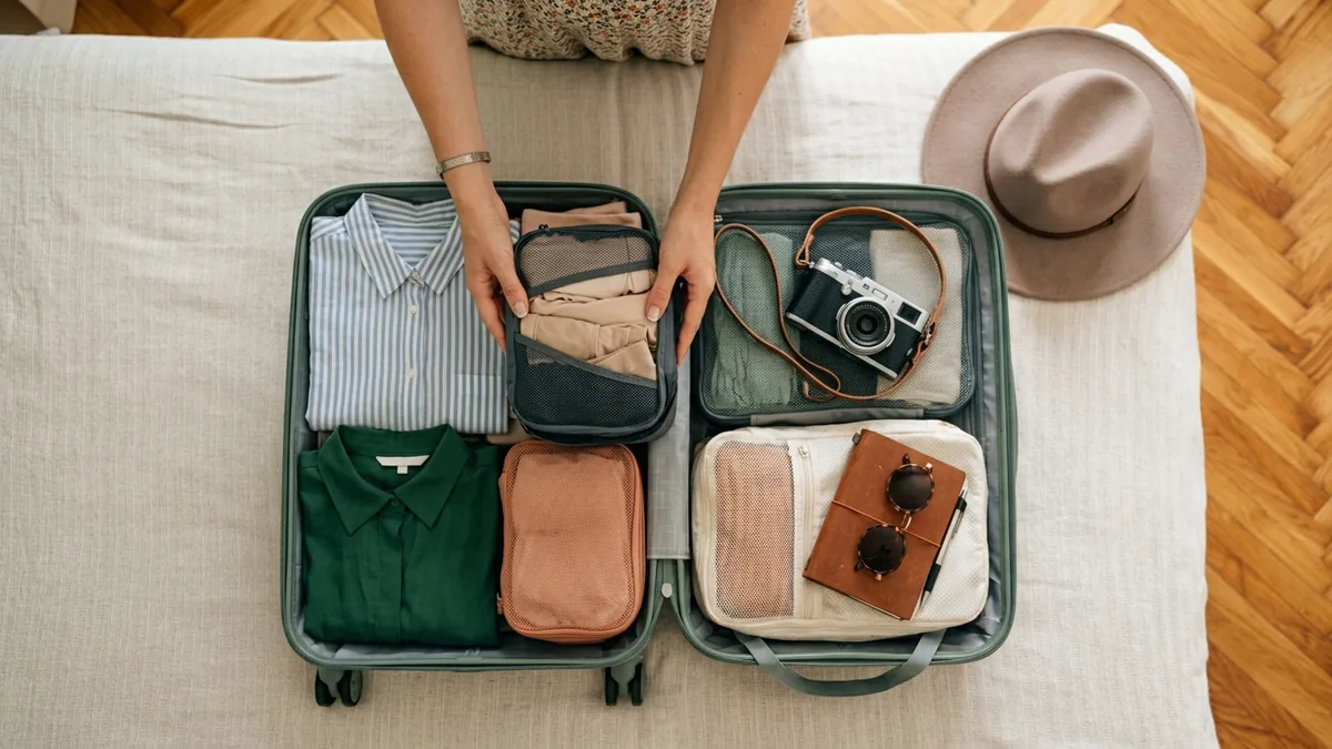 Persona preparando una maleta de viaje sobre la cama con ropa y organizadores