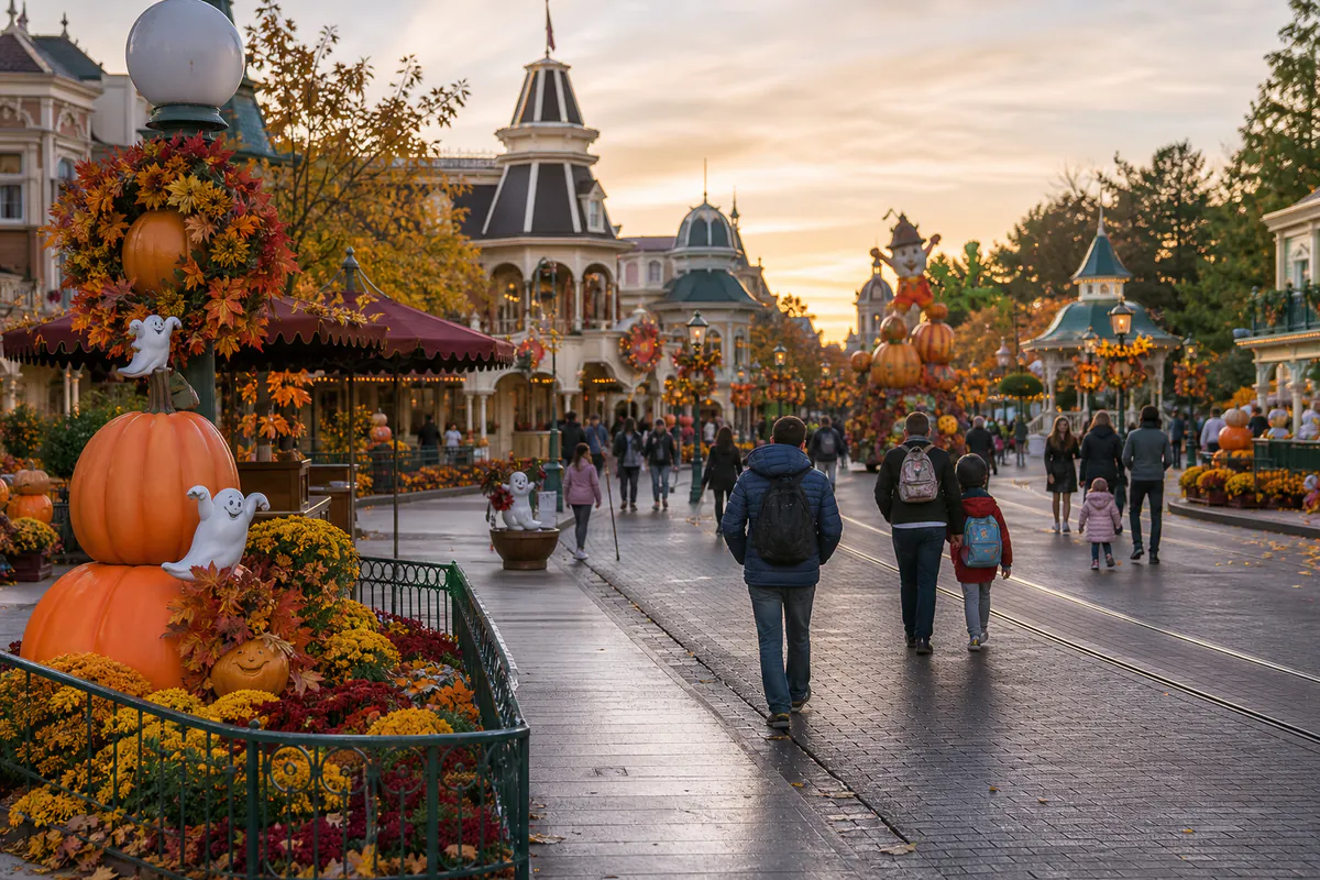 Decoración de Halloween con calabazas y flores de otoño en Disneyland Paris