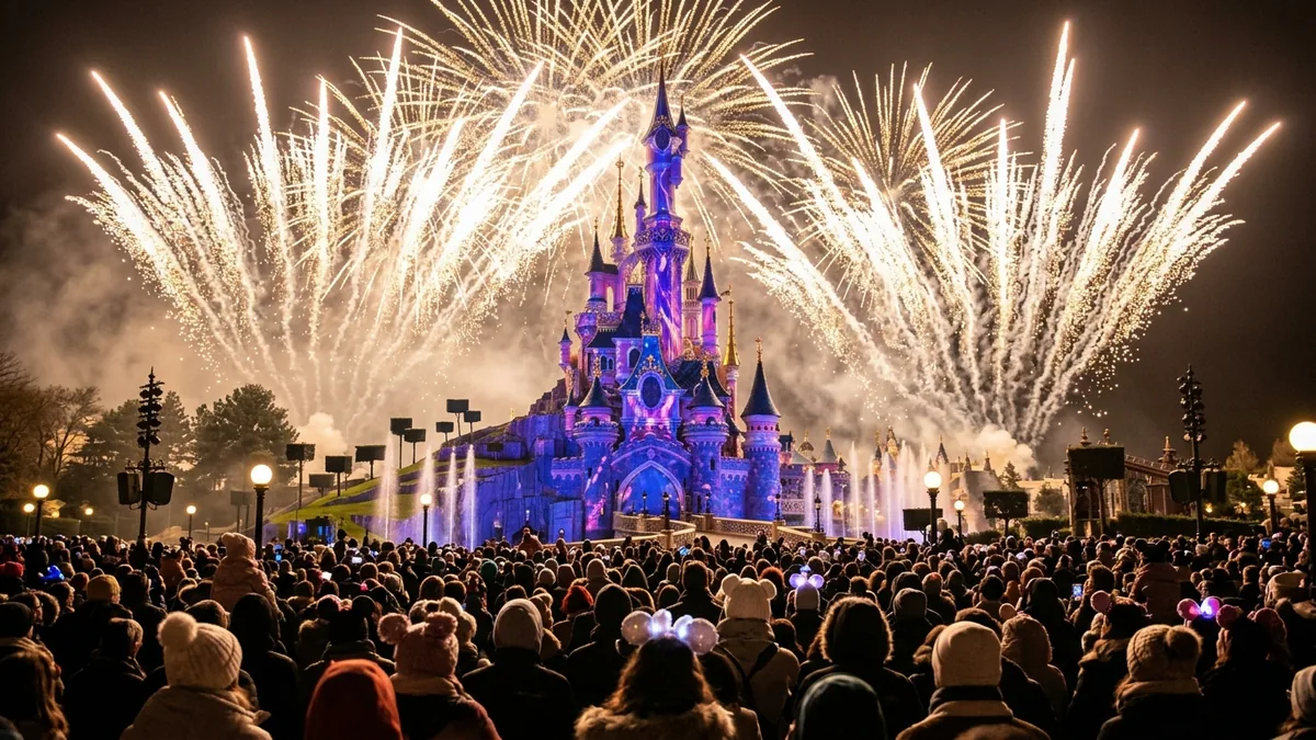 Castillo de la Bella Durmiente durante una recreación de Fin de Año en Disneyland Paris