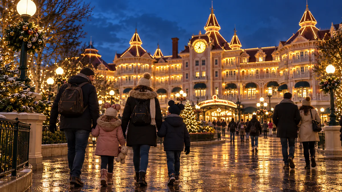 Familia regresando a pie a un hotel después de una noche de invierno en Disneyland Paris