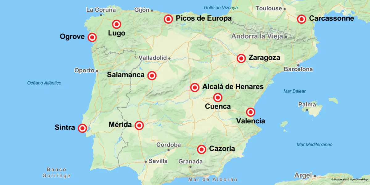 Mapa ilustrado con destinos marcados para octubre