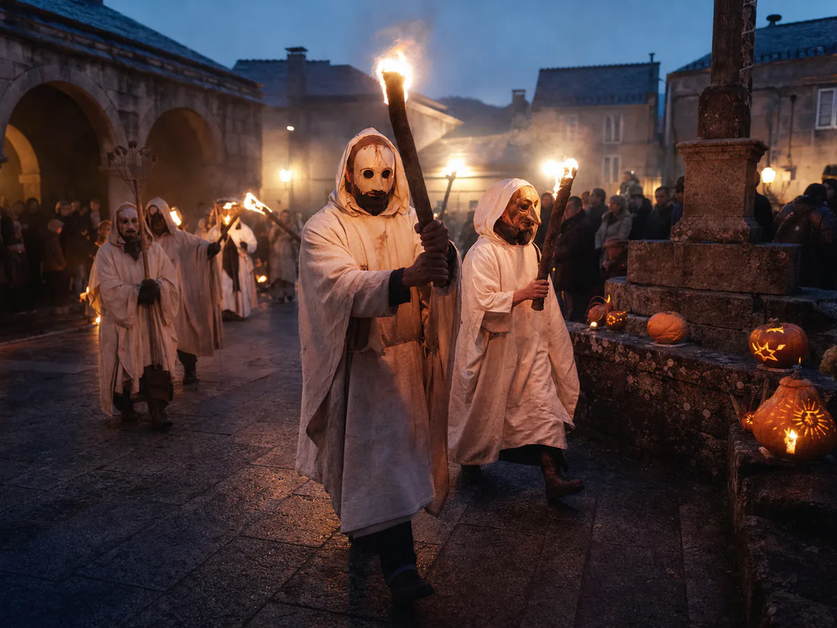 Desfile de Samaín en Galicia con máscaras, antorchas y calabazas iluminadas