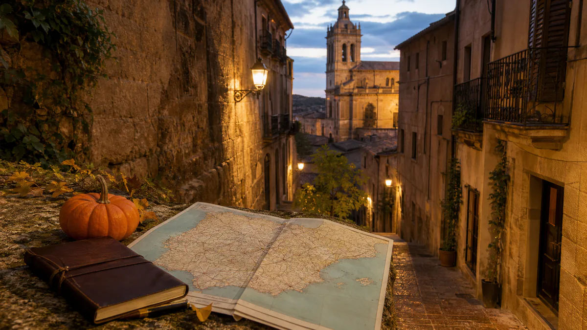 Mapa de España, calabaza y cuaderno ante una calle histórica al anochecer