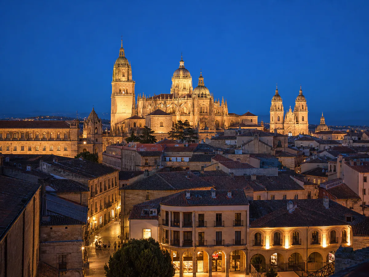 Catedral y torres de Salamanca iluminadas sobre el casco histórico al anochecer