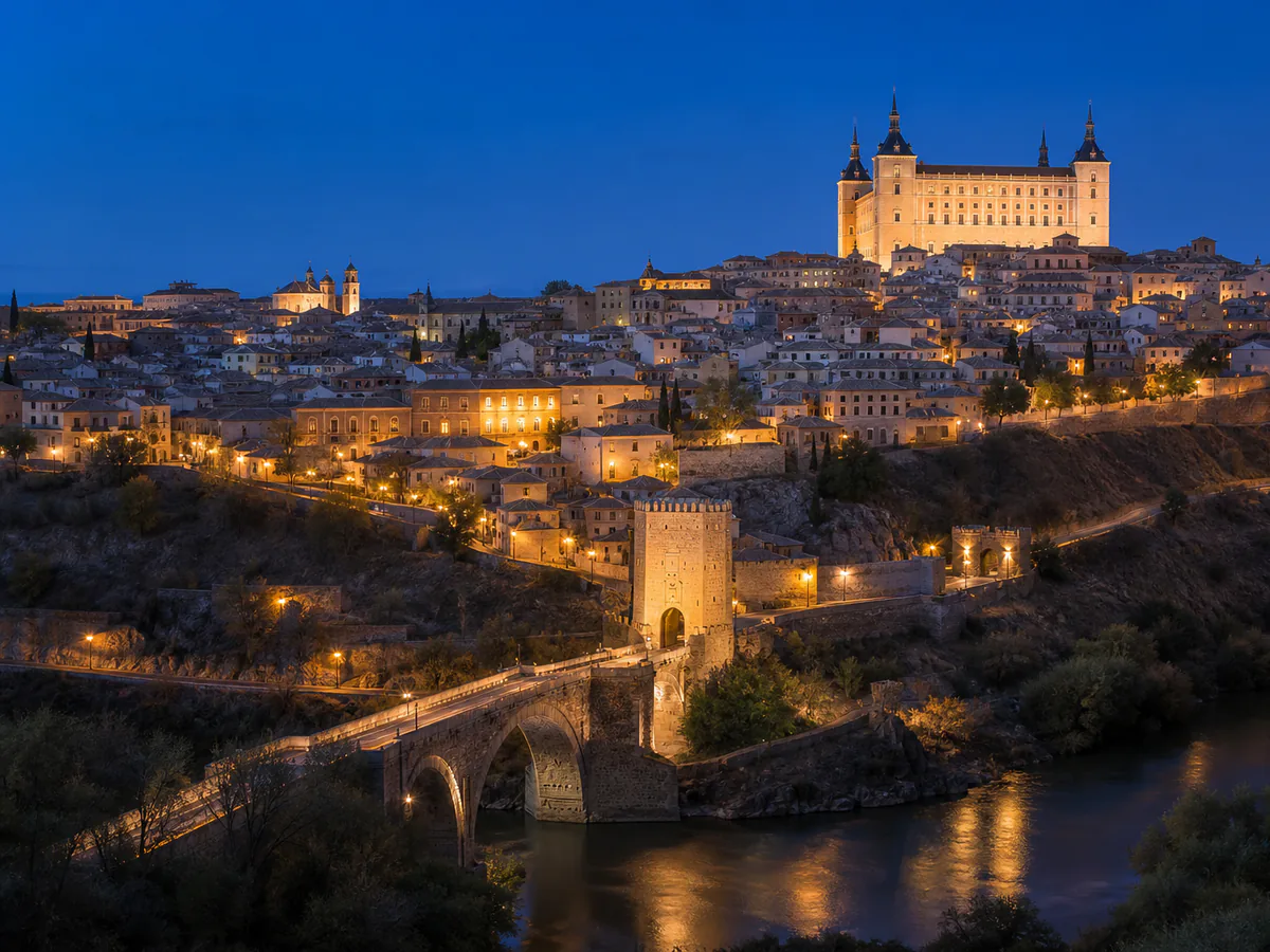 Alcázar de Toledo y puente de Alcántara iluminados sobre el río Tajo al anochecer