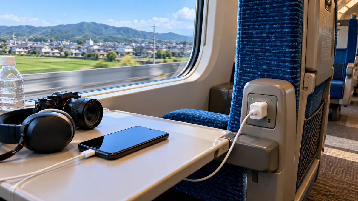 Teléfono conectado a una toma de corriente a bordo de un tren en Japón
