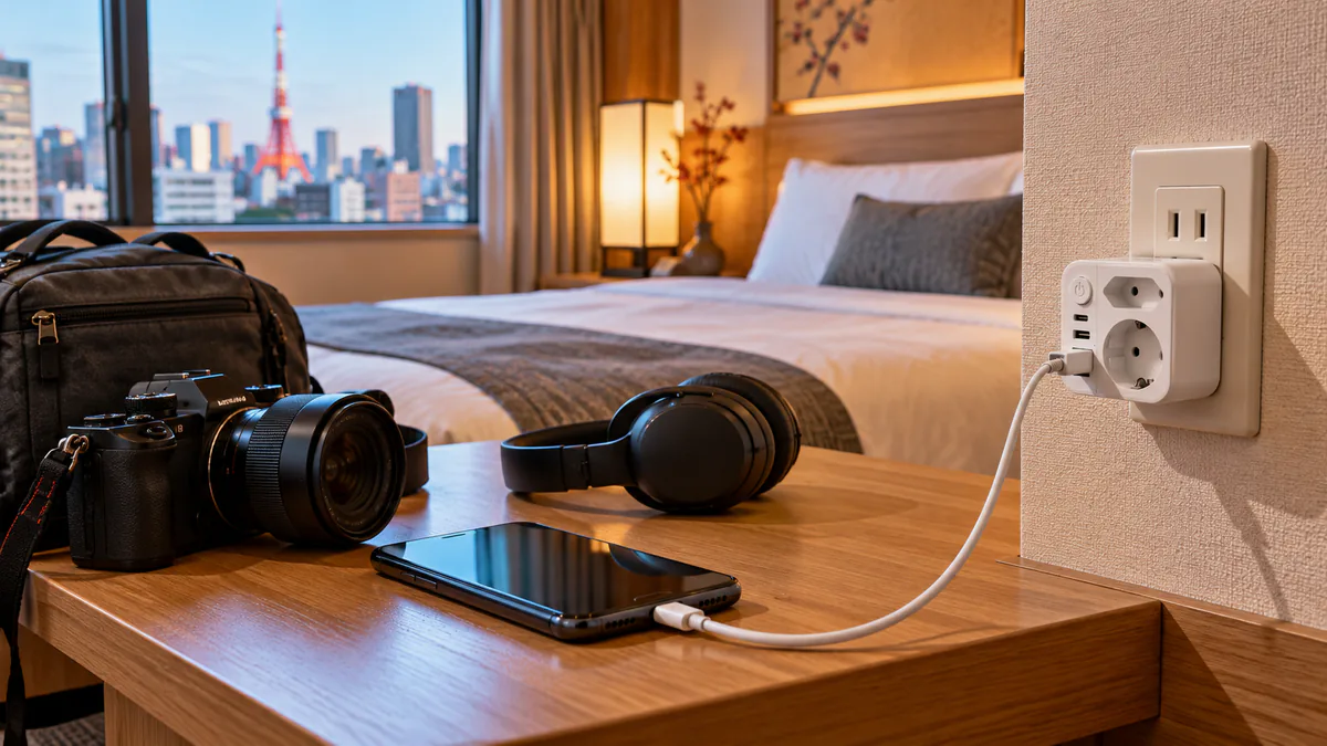 Teléfono conectado mediante un adaptador tipo A en la habitación de un alojamiento japonés