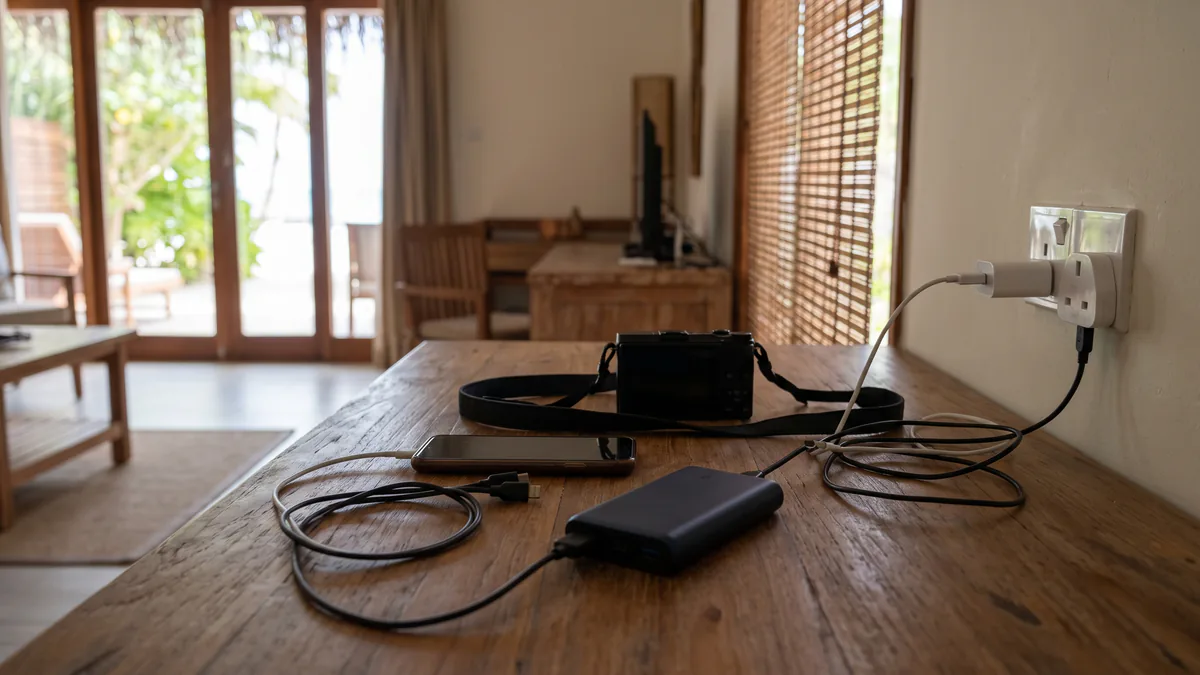 Móvil, cámara y batería externa cargándose en una habitación de Maldivas