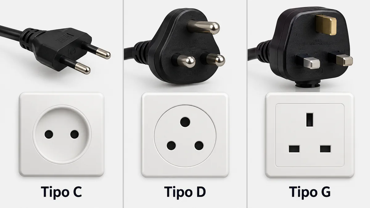 Comparación visual de enchufes tipo C, D y G utilizados en Maldivas