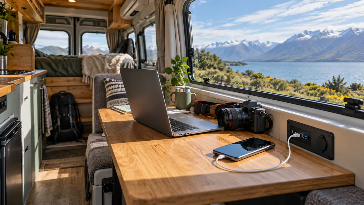 Móvil y portátil cargándose dentro de una camper frente a un paisaje de Nueva Zelanda