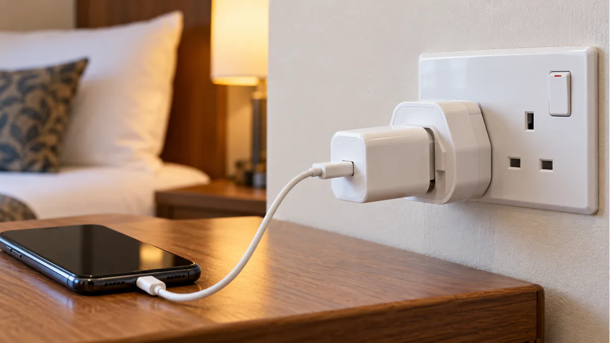 Adaptador de viaje conectado a una toma tipo G en una habitación de Sri Lanka