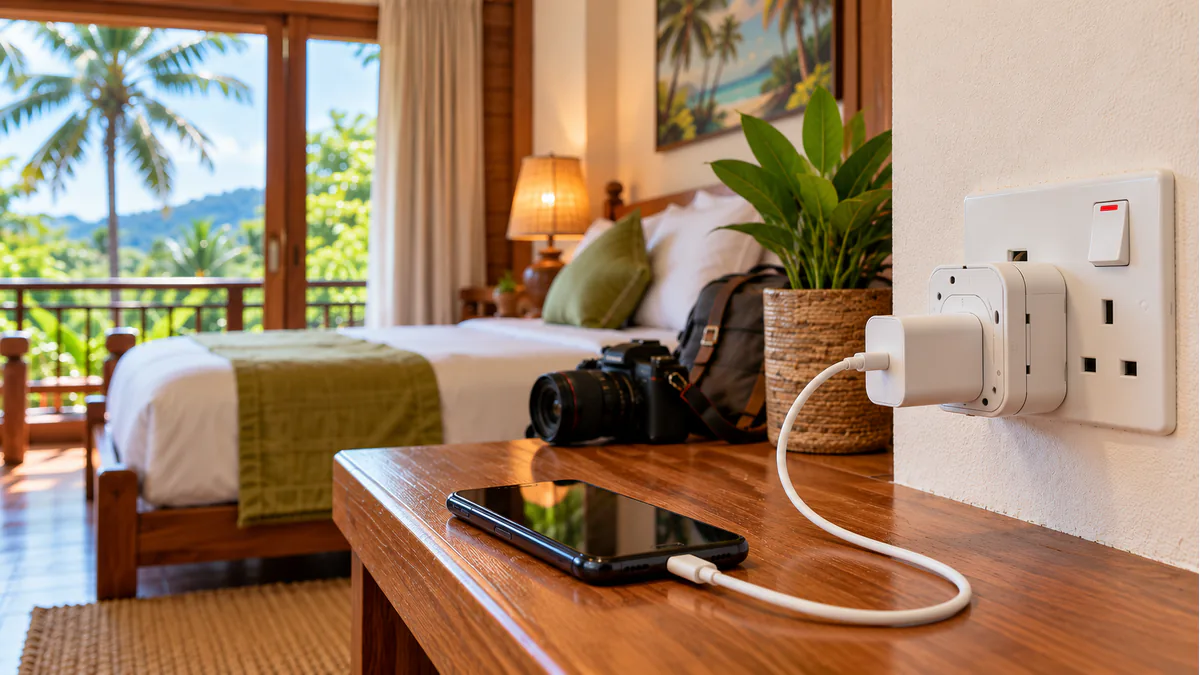 Adaptador conectado a una toma tipo G en un alojamiento de Sri Lanka
