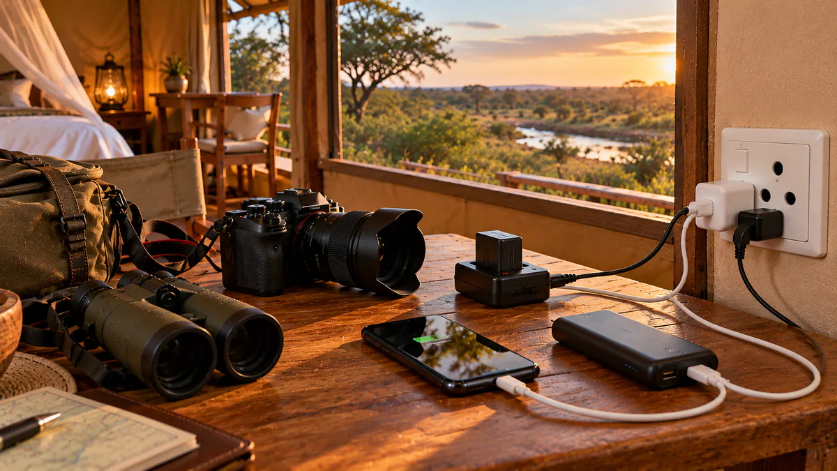 Cámara y móvil preparados para cargar durante un safari por Sudáfrica