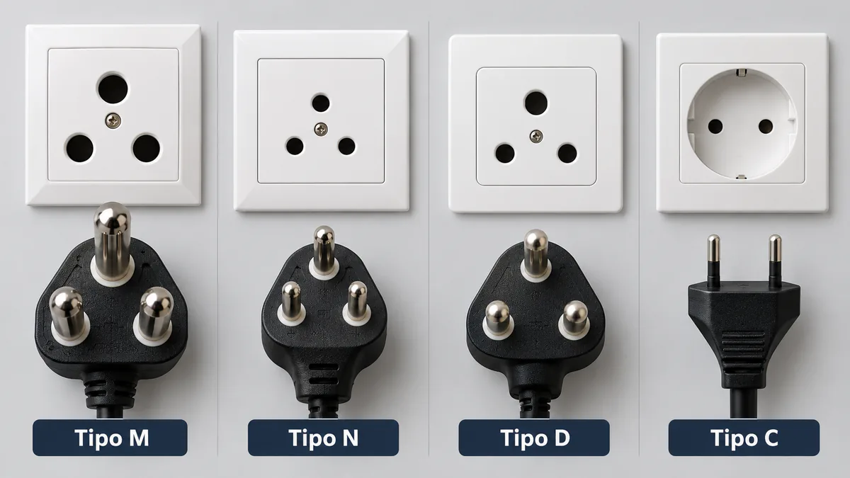 Comparación visual de las clavijas y tomas tipo M, N, D y C utilizadas en Sudáfrica