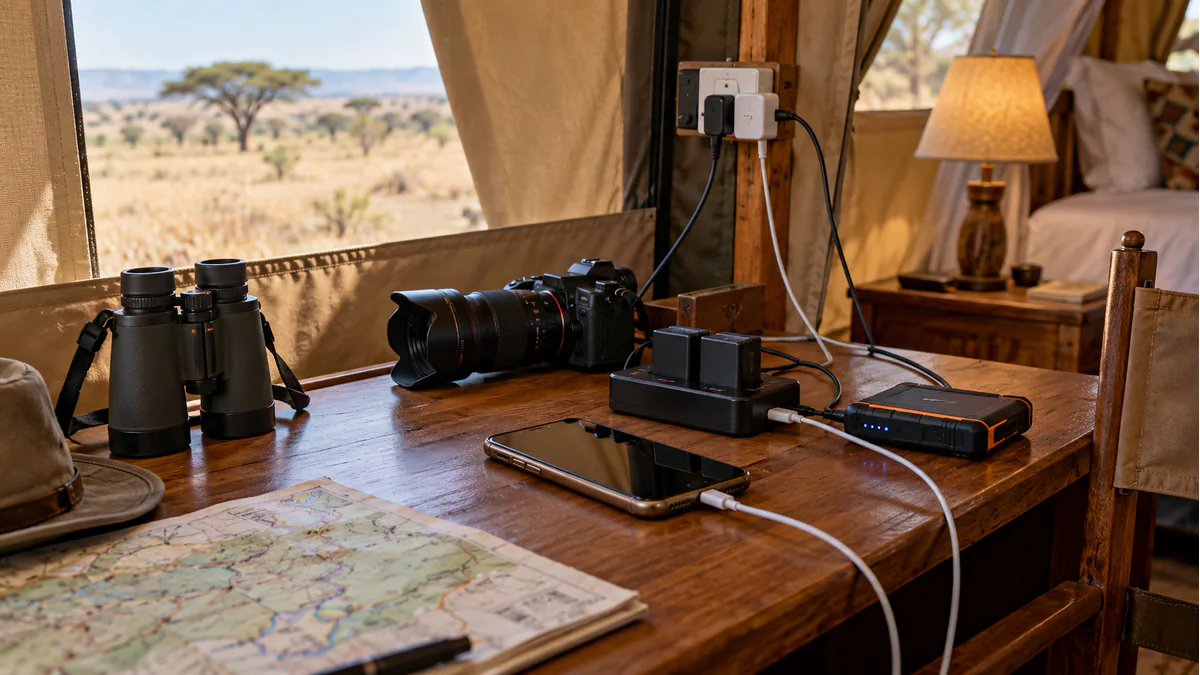 Cámara y móvil preparados para cargar en un campamento de safari en Tanzania