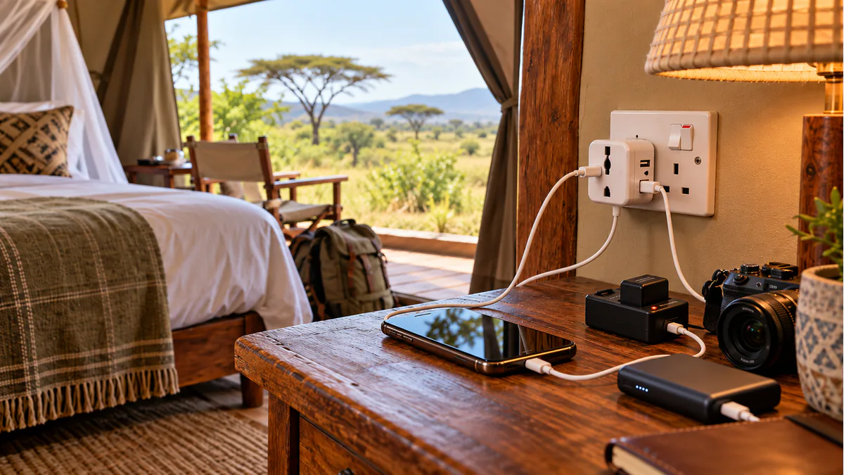 Adaptador de viaje conectado a un enchufe tipo G en un alojamiento de Tanzania