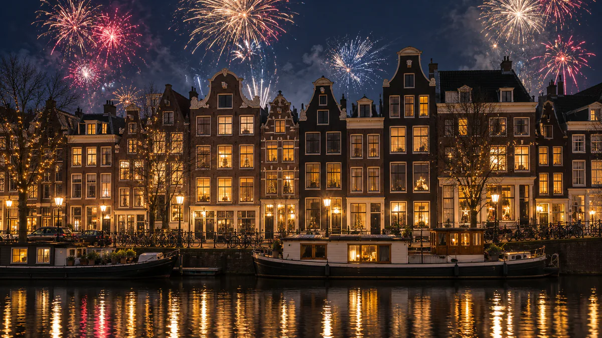Canales de Ámsterdam iluminados durante la celebración de Fin de Año