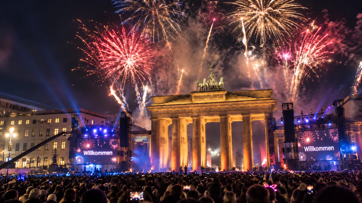 Celebración de Nochevieja junto a la Puerta de Brandeburgo en Berlín