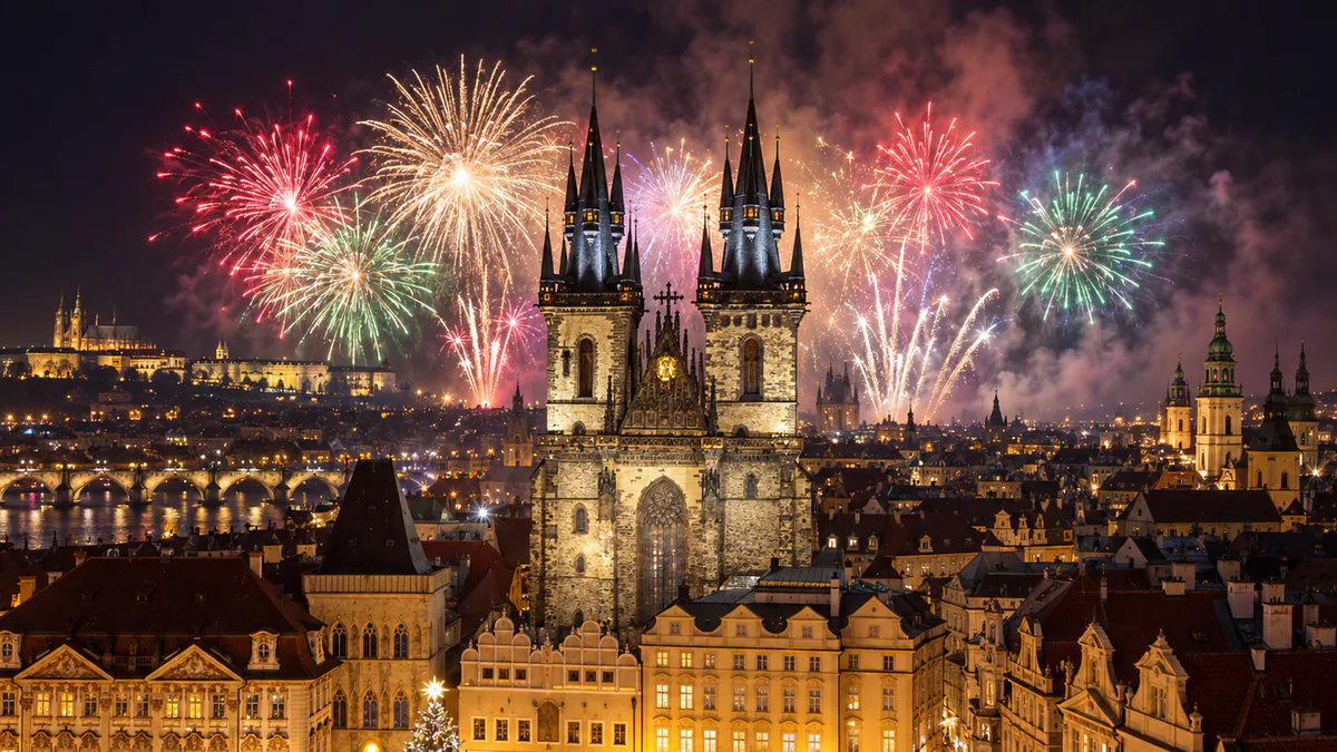 Casco histórico de Praga iluminado durante la noche de Fin de Año