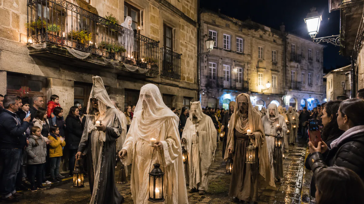 Recreación de la Santa Compaña avanzando por el casco histórico de Allariz