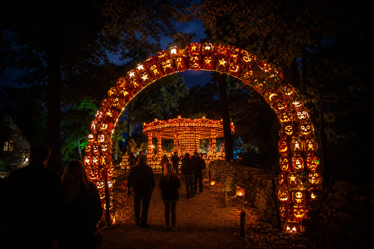 Arco y carrusel formados por calabazas iluminadas en Great Jack O'Lantern Blaze