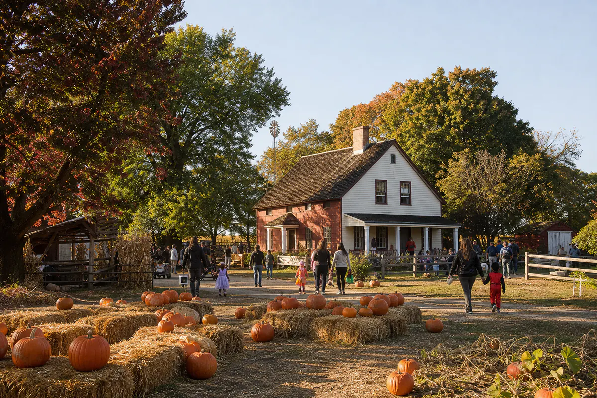 Familias entre calabazas y edificios históricos durante Halloween on the Farm en Queens