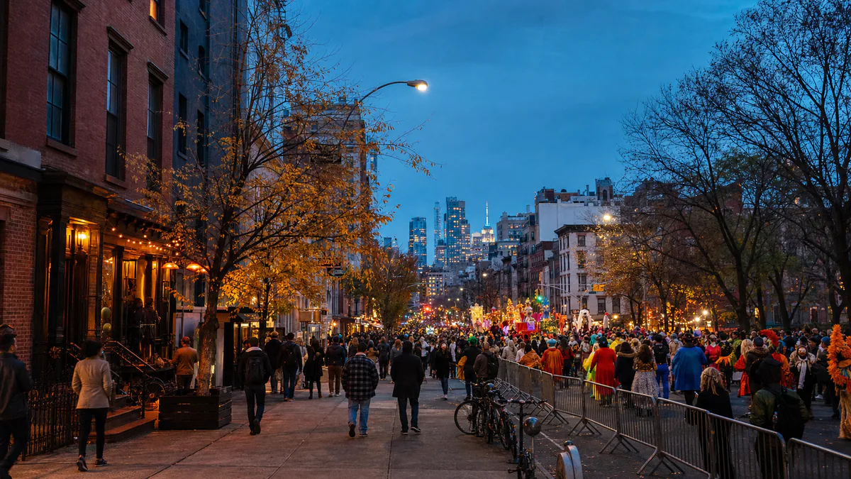 Desfile de Halloween recorriendo una avenida de Greenwich Village en Nueva York