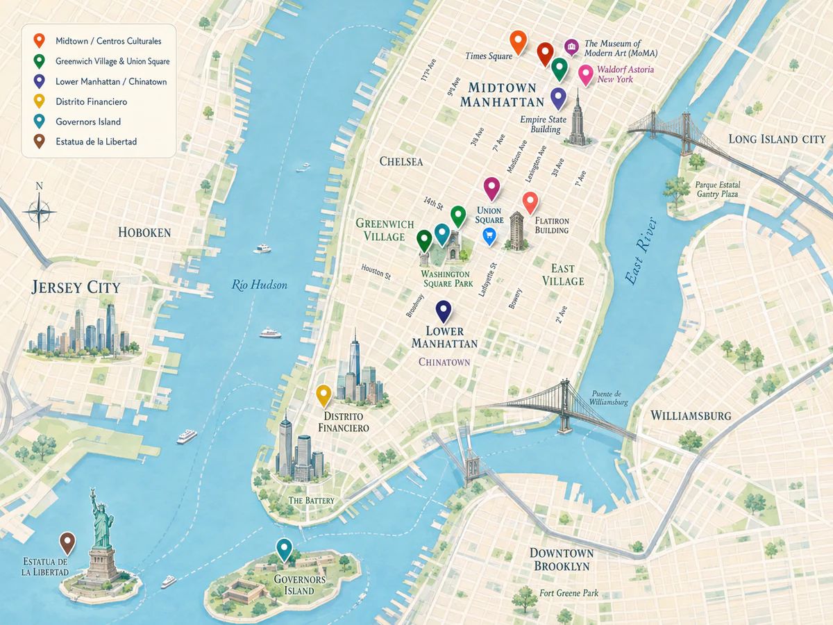 Mapa de Manhattan con zonas y puntos de interés para organizar Halloween en Nueva York