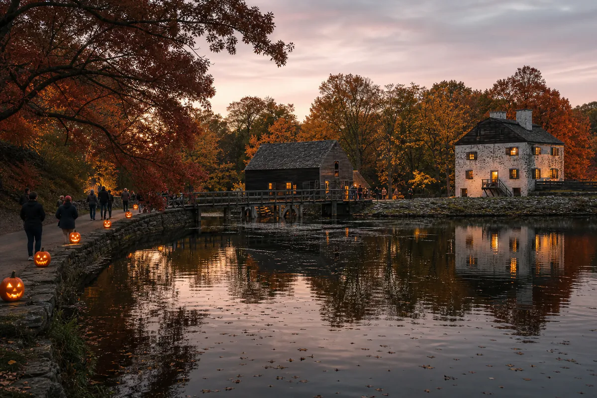 Molino histórico y calabazas al atardecer en Sleepy Hollow, cerca de Nueva York