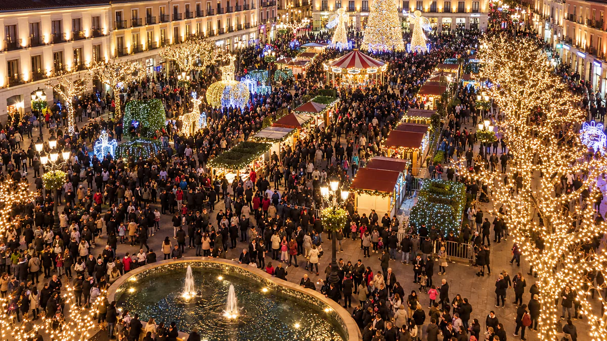 Recreación conceptual de un mercado navideño iluminado