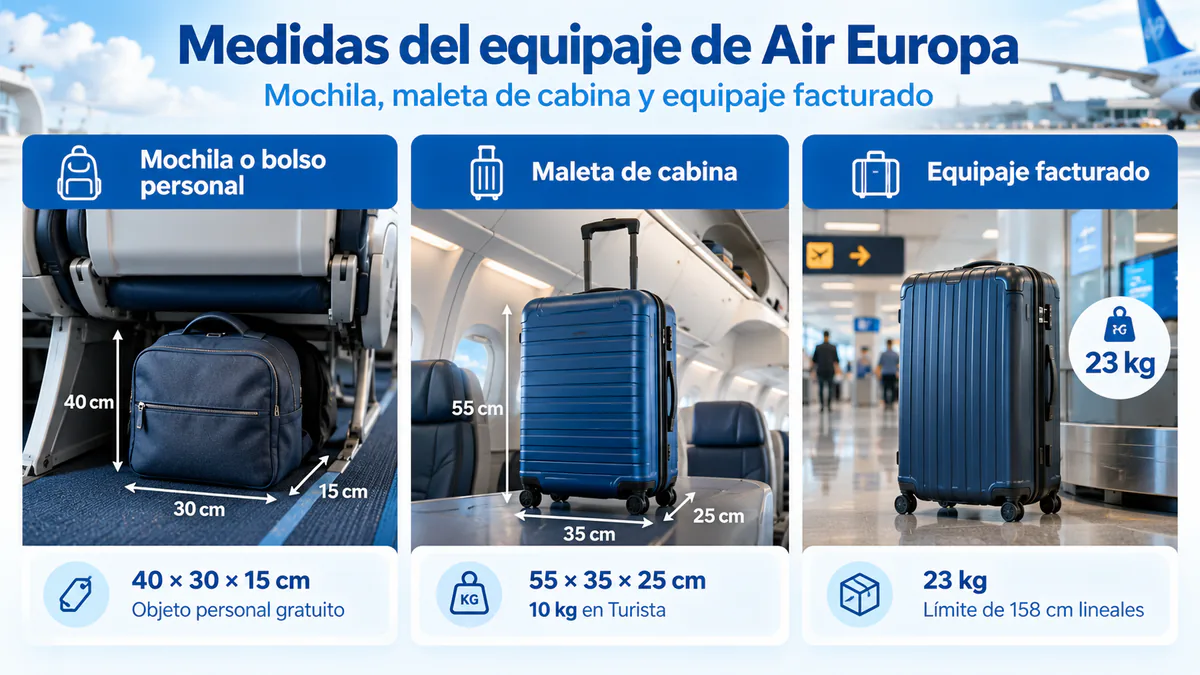 Mochila personal, maleta de cabina y equipaje facturado con las medidas de Air Europa