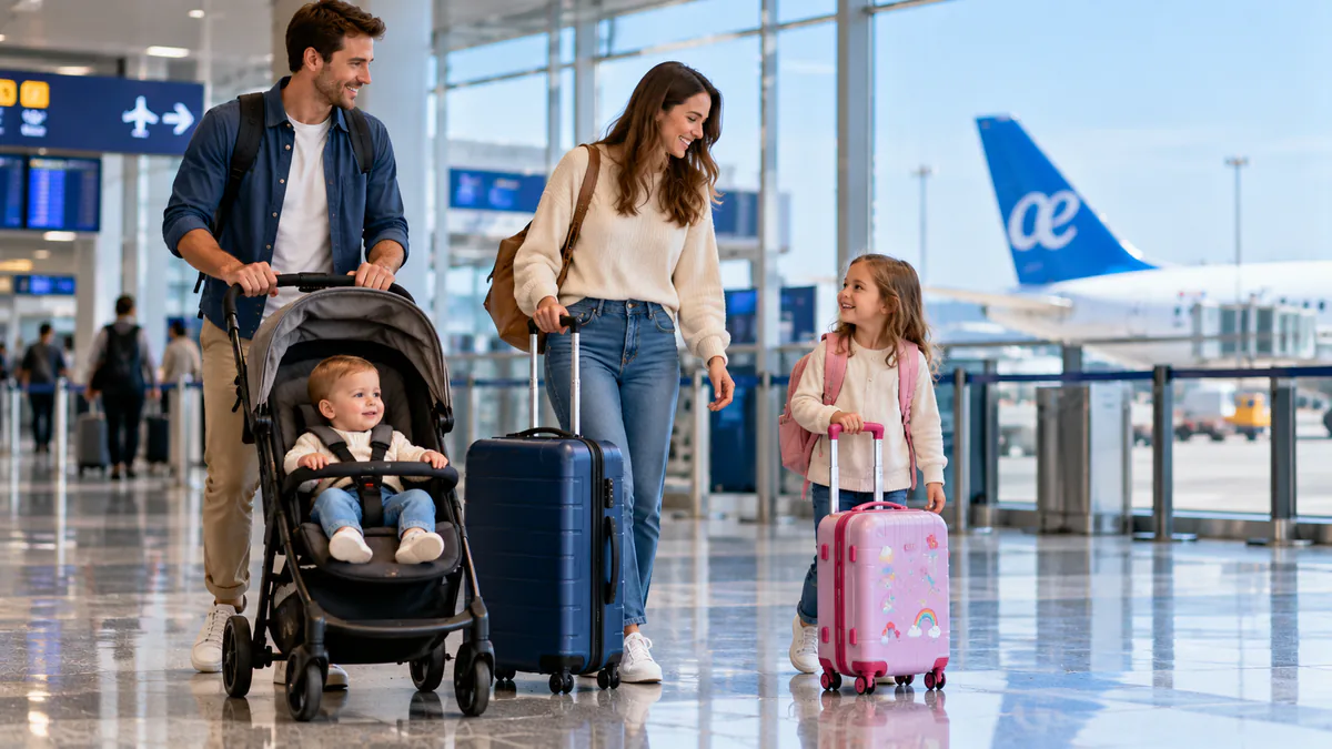 Familia viajando con un bebé, un carrito y equipaje infantil