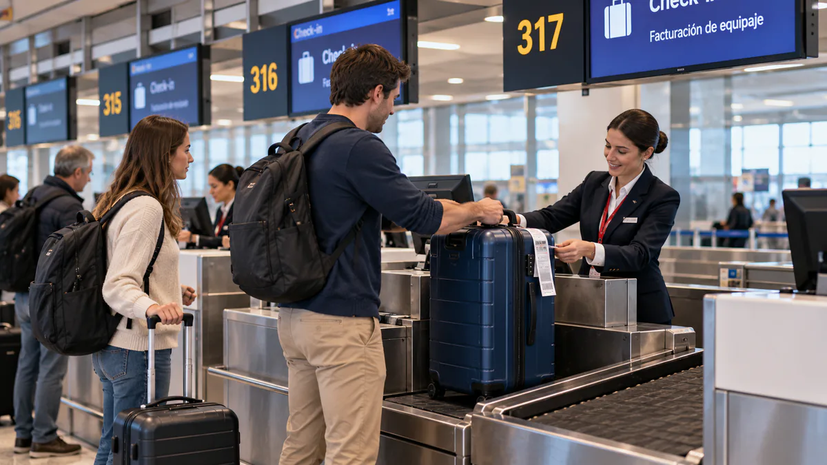 Pasajeros entregando maletas en un mostrador de facturación del aeropuerto