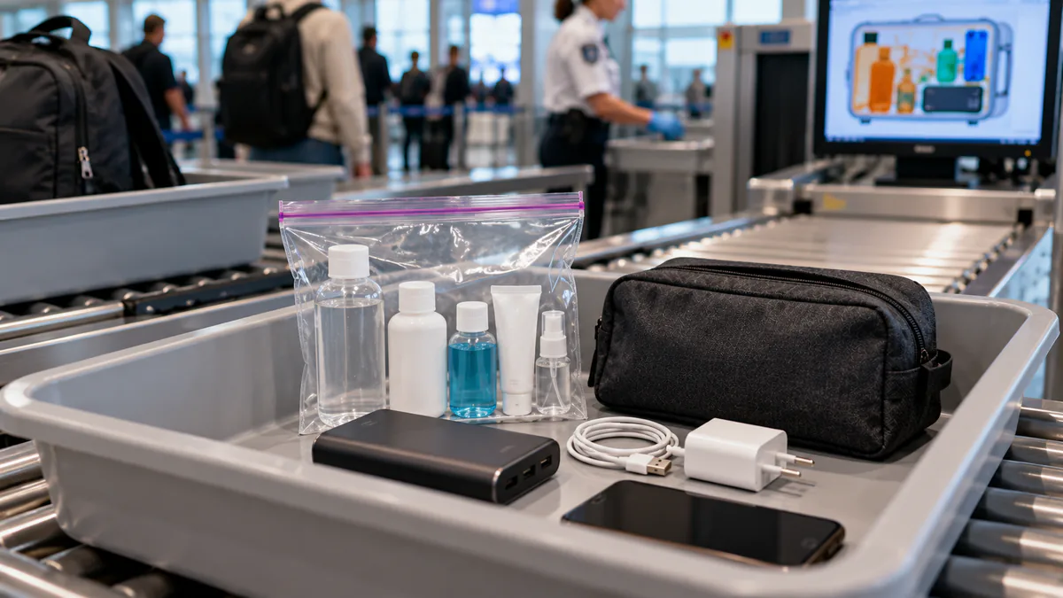 Bolsa transparente con líquidos y una batería externa para el equipaje de cabina