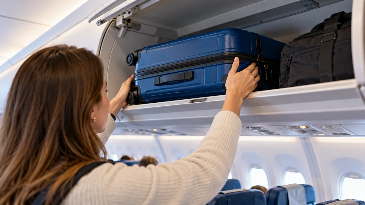 Maleta de cabina guardada en el compartimento superior de un avión