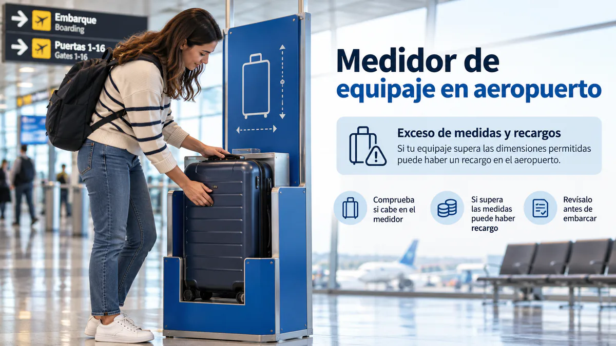 Persona comprobando una maleta en un medidor de equipaje del aeropuerto