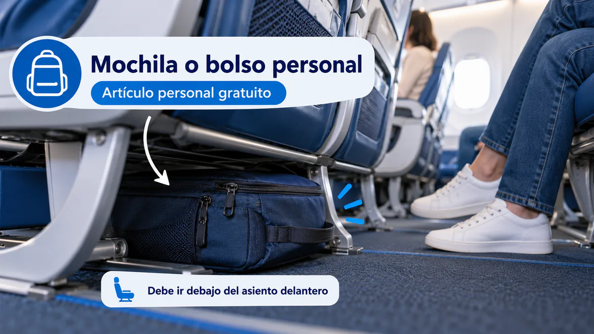 Mochila pequeña colocada debajo del asiento delantero de un avión