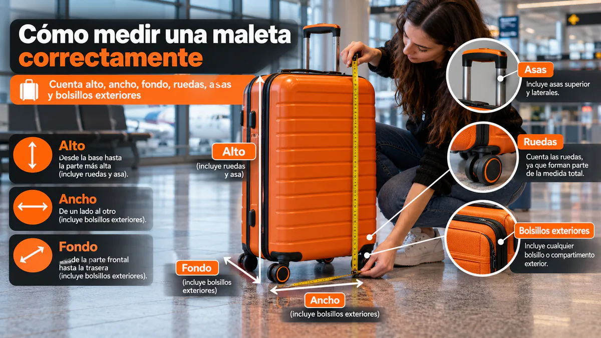 Medición exterior de una maleta con ruedas, asas y fondo