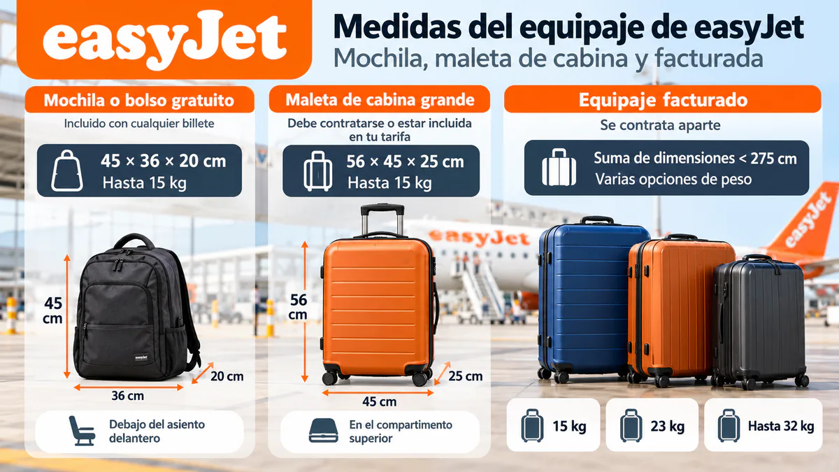 Mochila gratuita, maleta grande de cabina y equipaje facturado con las medidas de easyJet