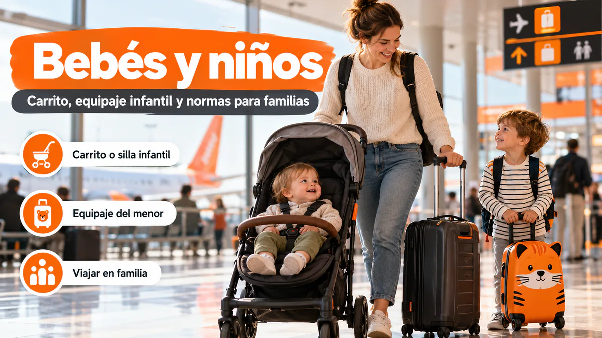Familia viajando con un bebé, carrito y equipaje infantil
