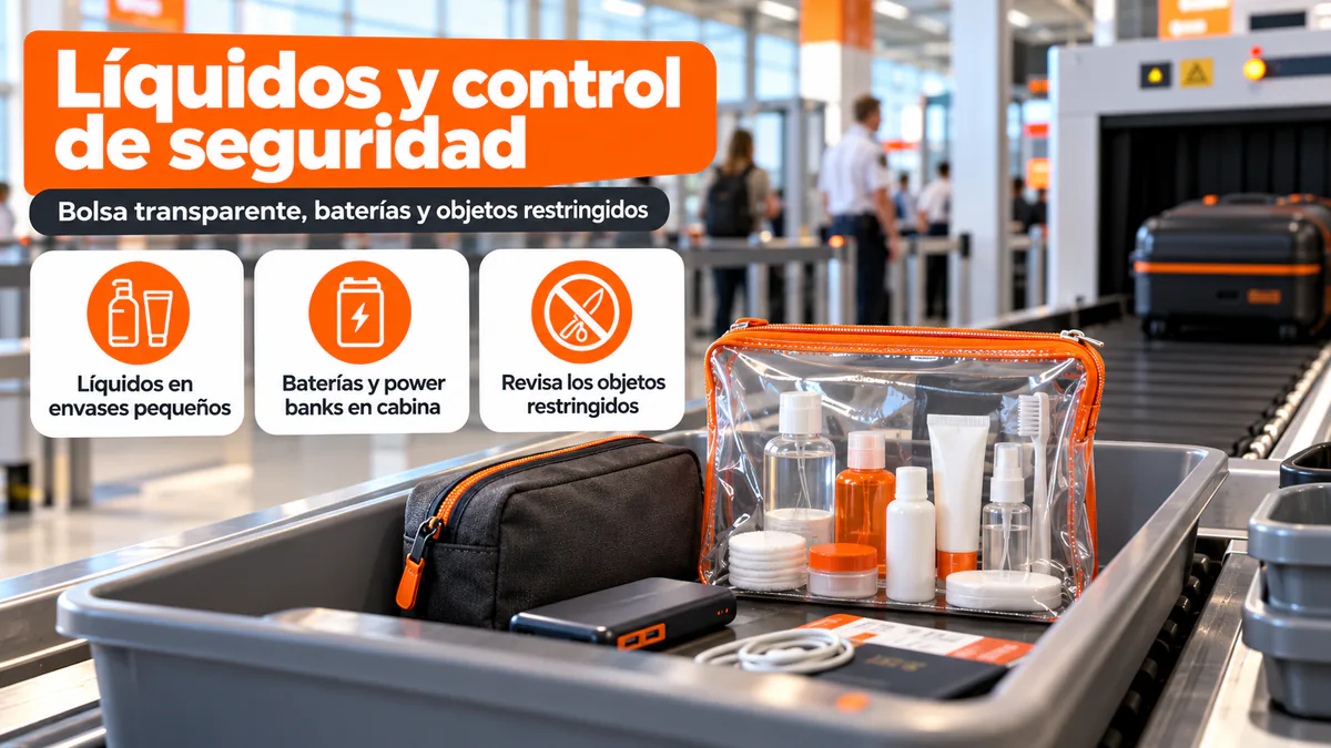 Bolsa transparente con líquidos y batería externa para el equipaje de cabina