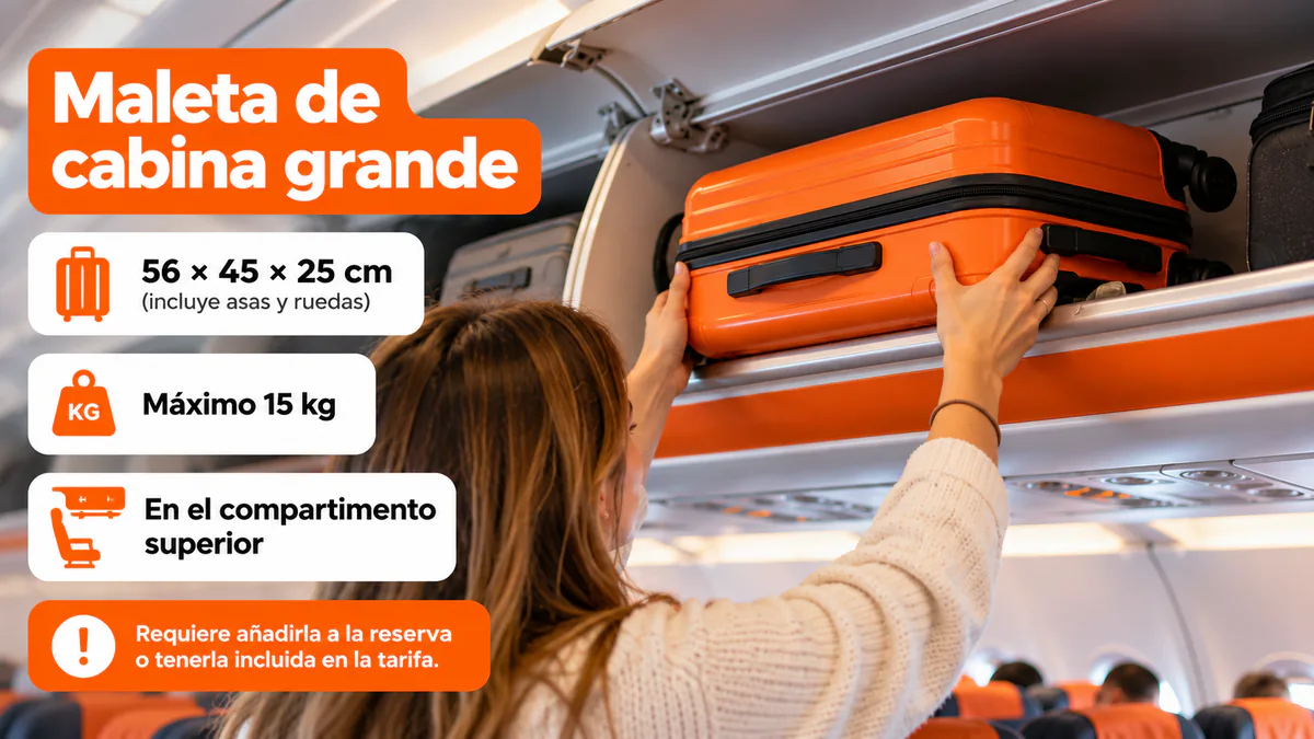 Maleta grande de cabina guardada en el compartimento superior de un avión