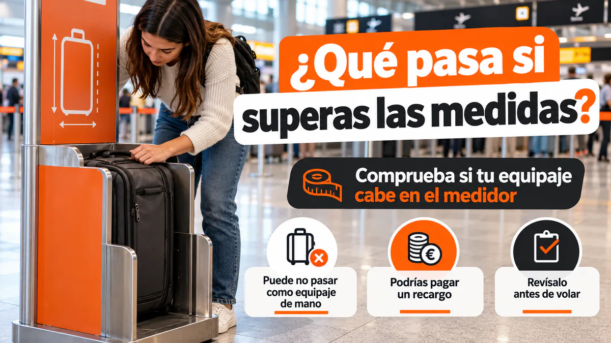 Persona comprobando una maleta en un medidor de equipaje del aeropuerto