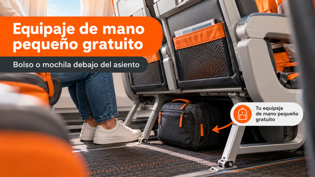 Mochila pequeña colocada debajo del asiento delantero de un avión