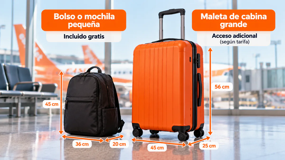 Comparación entre una mochila bajo el asiento y una maleta grande de cabina