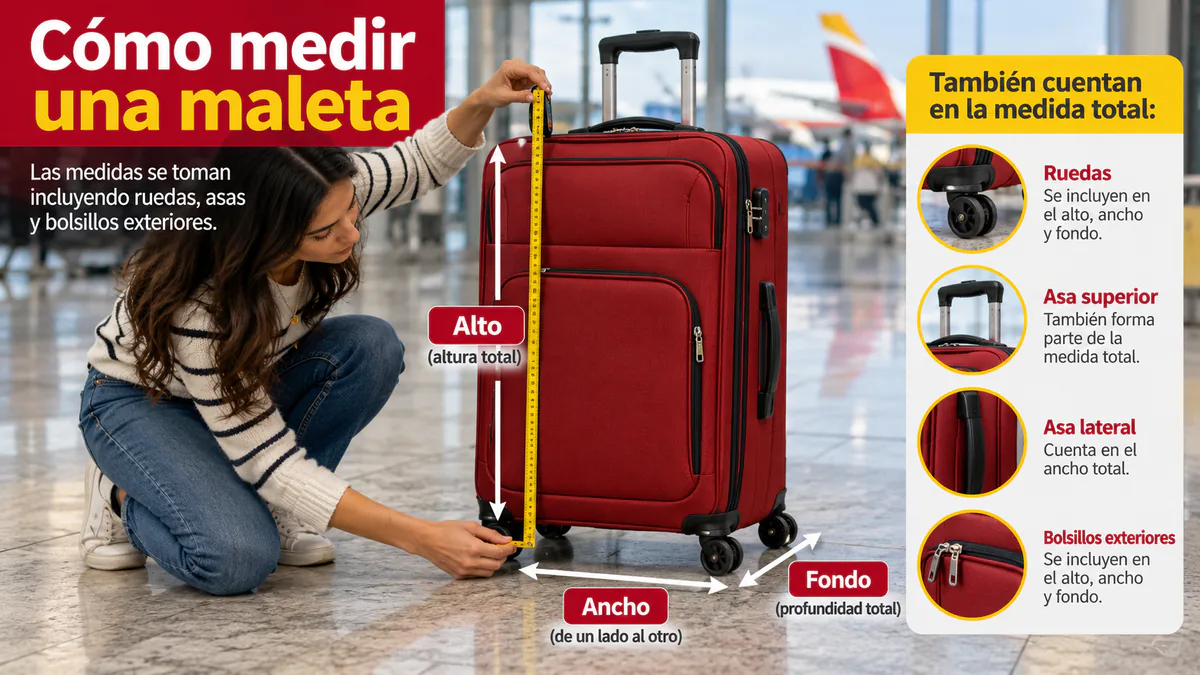 Medición exterior de una maleta incluyendo ruedas, asas y fondo