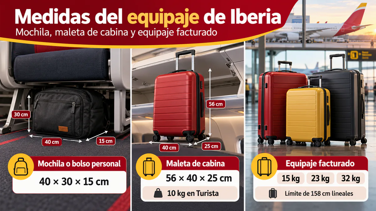 Bolso personal, maleta de cabina y equipaje facturado con las principales medidas de Iberia