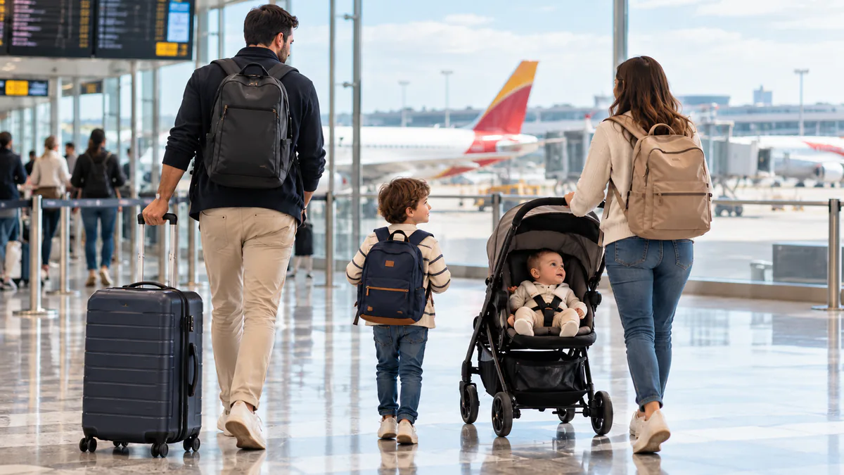 Familia viajando con un bebé, un carrito y equipaje infantil