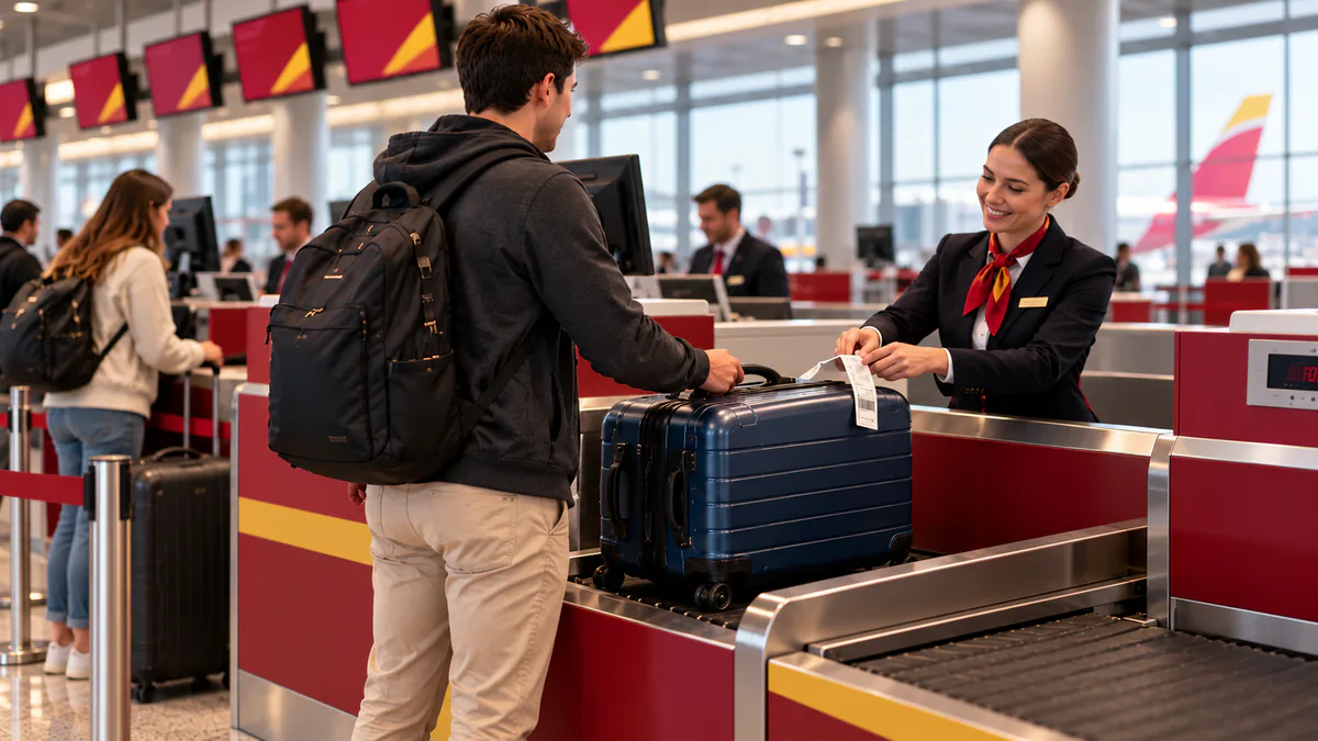 Pasajeros entregando maletas en un mostrador de facturación del aeropuerto