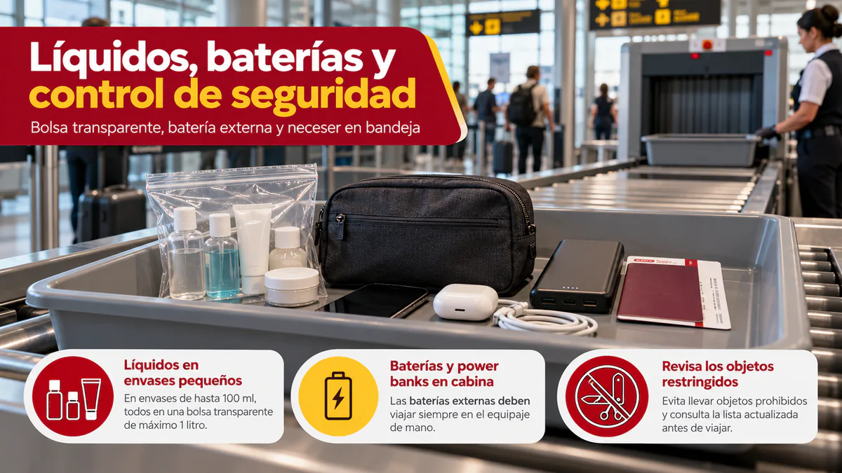 Bolsa transparente con líquidos y una batería externa para el equipaje de cabina